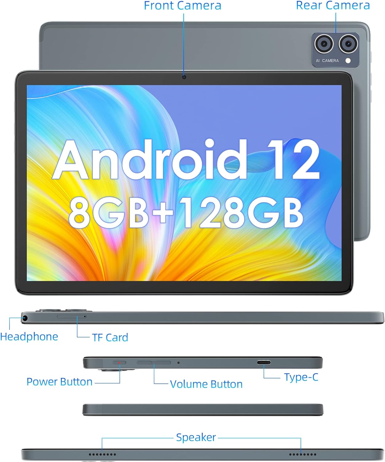 Jumper 10in Android 12 Tablet 8GB RAM 128GB ROM Tab with 8-Core MT8183 CPU, 1920*1200p FHD IPS,13+5MP Camera